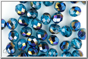 B�hm. Glasschliffperle, feuerpol., 8mm, blue zircon, trans., half blue metallic, 10 Stk.