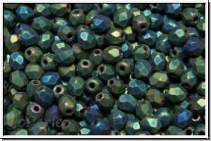 B�hm. Glasschliffperle, feuerpol., 3mm, green, met., matte, iris., 50 Stk.