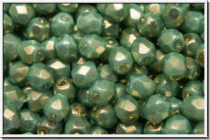 B�hm. Glasschliffperle, feuerpol., 4mm, white, alabaster, green gold luster, 50 Stk.