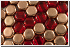 2-Loch-Honeycomb-Beads, 6mm, siam, trans., half capri gold, 30 Stk.