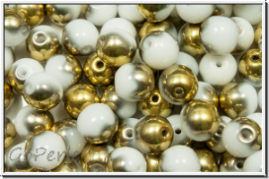 b�hm. Glasperle, rund, 6mm, white, alabaster, half brass, 25 Stk.