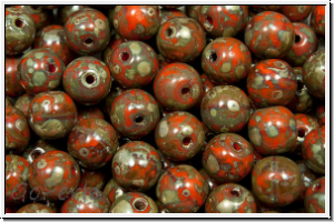 b�hm. Glasperle, rund, 6mm, orange, op., silver picasso, 25 Stk.