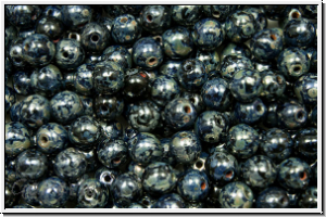 b�hm. Glasperle, rund, 4mm, black, op., silver picasso, 50 Stk.