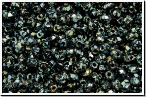 B�hm. Glasschliffperle, feuerpol., 3mm, black, op., silver picasso, 50 Stk.