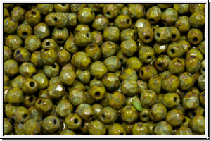 B�hm. Glasschliffperle, feuerpol., 3mm, olivine, dk., op., picasso, 50 Stk.