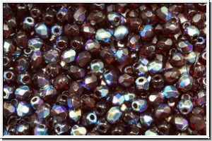 B�hm. Glasschliffperle, feuerpol., 3mm, garnet, dk., trans., AB, 50 Stk.
