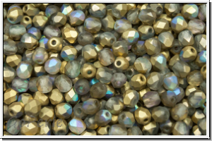 B�hm. Glasschliffperle, feuerpol., 3mm, crystal, trans., golden AB, matte, 50 Stk.
