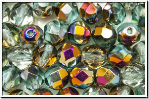 B�hm. Glasschliffperle, feuerpol., 6mm, aqua, trans., half sliperit, 25 Stk.