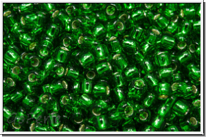 R-11-0027b, TOHO Rocailles, 11/0, green, grass, trans., silver-ld., 10g