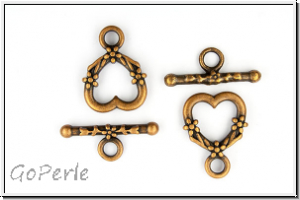 Toggle-Verschluss "Herz mit Bl�mchen", 18x14mm, antikkupferfb., Tibetsilber, 1 Stk.