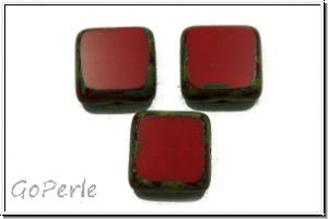b�hm. Glasperle, table cut, Quadrat, 10x10mm, red, op., picasso, 5 Stk.