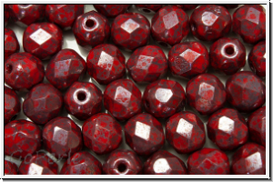 B�hm. Glasschliffperle, feuerpol., 6mm, red, op., blue marbled, 25 Stk.