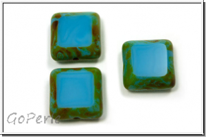 b�hm. Glasperle, table cut, Quadrat, 15x15mm, aqua, op., picasso, 3 Stk.