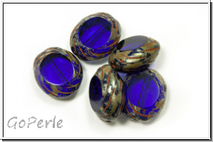 b�hm. Glasperle, table cut, oval, 14x12mm, cobalt, trans., picasso, 5 Stk.