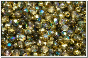 B�hm. Glasschliffperle, feuerpol., 3mm, crystal, trans., golden AB, 50 Stk.