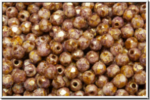 B�hm. Glasschliffperle, feuerpol., 3mm, white, op., lila gold luster, 50 Stk.