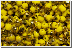 B�hm. Glasschliffperle, feuerpol., 3mm, yellow, op., half brass, 50 Stk.