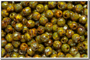 B�hm. Glasschliffperle, feuerpol., 3mm, yellow, op., silver picasso, 50 Stk.