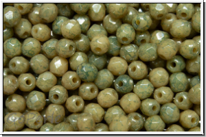 B�hm. Glasschliffperle, feuerpol., 3mm, cream, op., blue marbled, 50 Stk.