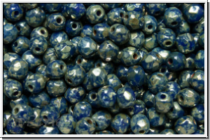B�hm. Glasschliffperle, feuerpol., 3mm, blue, op., silver picasso, 50 Stk.
