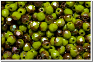 B�hm. Glasschliffperle, feuerpol., 3mm, olivine, dk., op., venus luster, 50 Stk.