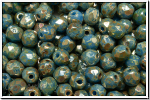 B�hm. Glasschliffperle, feuerpol., 4mm, sapphire, lt., op., silver picasso, 50 Stk.