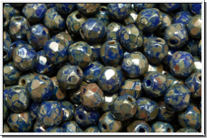 B�hm. Glasschliffperle, feuerpol., 4mm, blue, op., silver picasso, 50 Stk.