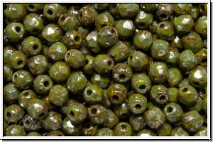 B�hm. Glasschliffperle, feuerpol., 3mm, olivine, dk., op., silver picasso, 50 Stk.