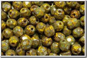 B�hm. Glasschliffperle, feuerpol., 4mm, yellow, op., silver picasso, 50 Stk.