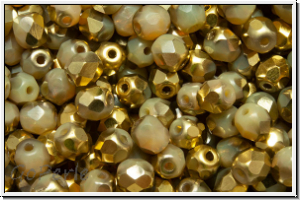 B�hm. Glasschliffperle, feuerpol., 4mm, sand, opal, half brass, 50 Stk.