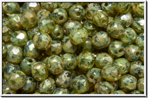 B�hm. Glasschliffperle, feuerpol., 4mm, green, moonlight, silver picasso, 50 Stk.