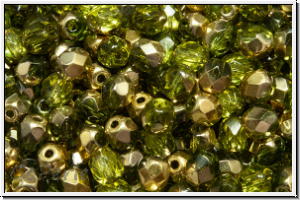 B�hm. Glasschliffperle, feuerpol., 4mm, lime, lt., trans., half brass, 50 Stk.