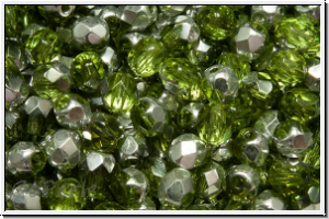 B�hm. Glasschliffperle, feuerpol., 4mm, lime, lt., trans., half silver, 50 Stk.