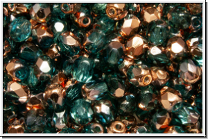 B�hm. Glasschliffperle, feuerpol., 4mm, aqua, med., trans., half capri gold, 50 Stk.