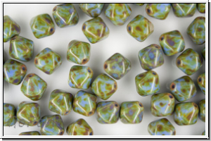 b�hm. Glasperle, Bicone, 8mm, blue, opaque, picasso, 10 Stk.