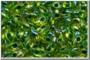 LMA-0341, MIYUKI Long Magatamas, 4x7mm, chartreuse, trans., green-ld., AB, 80 Stk.