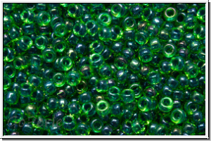 RR-15-0332, MIYUKI Rocailles, 15/0, green, trans., dk. blue-ld., AB, 5g