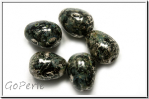 B�hm. Glasperle, Tropfen, l�ngs gebohrt, 11x8mm, black, op., silver picasso, 5 Stk.