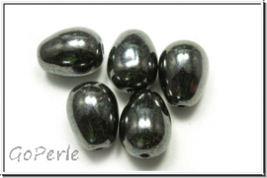 B�hm. Glasperle, Tropfen, l�ngs gebohrt, 11x8mm, hematite, met., 5 Stk.