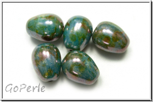 B�hm. Glasperle, Tropfen, l�ngs gebohrt, 11x8mm, white, op., blue/brown marbled, 5 Stk.