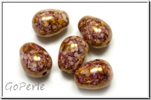 B�hm. Glasperle, Tropfen, l�ngs gebohrt, 11x8mm, white, op., lila gold luster, 5 Stk.