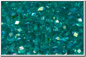 B�hm. Glasschliffperle, feuerpol., 4mm, turquoise, dk., trans., AB, 50 Stk.