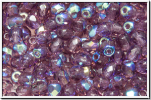 B�hm. Glasschliffperle, feuerpol., 4mm, amethyst, trans., AB, 50 Stk.