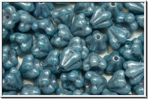 B�hm. Glasperle, Flower "Baby Bells", 6x6mm, white, op., blue/grey marbled, 25 Stk.