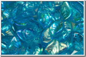 Bl�tter, 9x14mm, gewellt, side-drilled, aqua, trans., AB, 10 Stk.