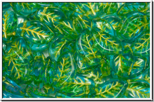 Bl�tter, 9x14mm, gewellt, side-drilled, aqua, trans., gold painted, 10 Stk.