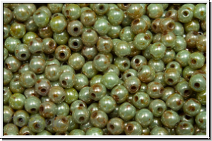 b�hm. Glasperle, rund, 3mm, white, op., green/brown, marbled, 50 Stk.