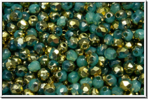 B�hm. Glasschliffperle, feuerpol., 3mm, turquoise, opal, half brass, 50 Stk.