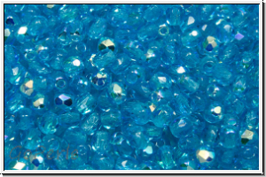 B�hm. Glasschliffperle, feuerpol., 3mm, aqua, dk., trans., AB, 50 Stk.