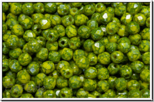B�hm. Glasschliffperle, feuerpol., 3mm, yellow, op., blue marbled, 50 Stk.